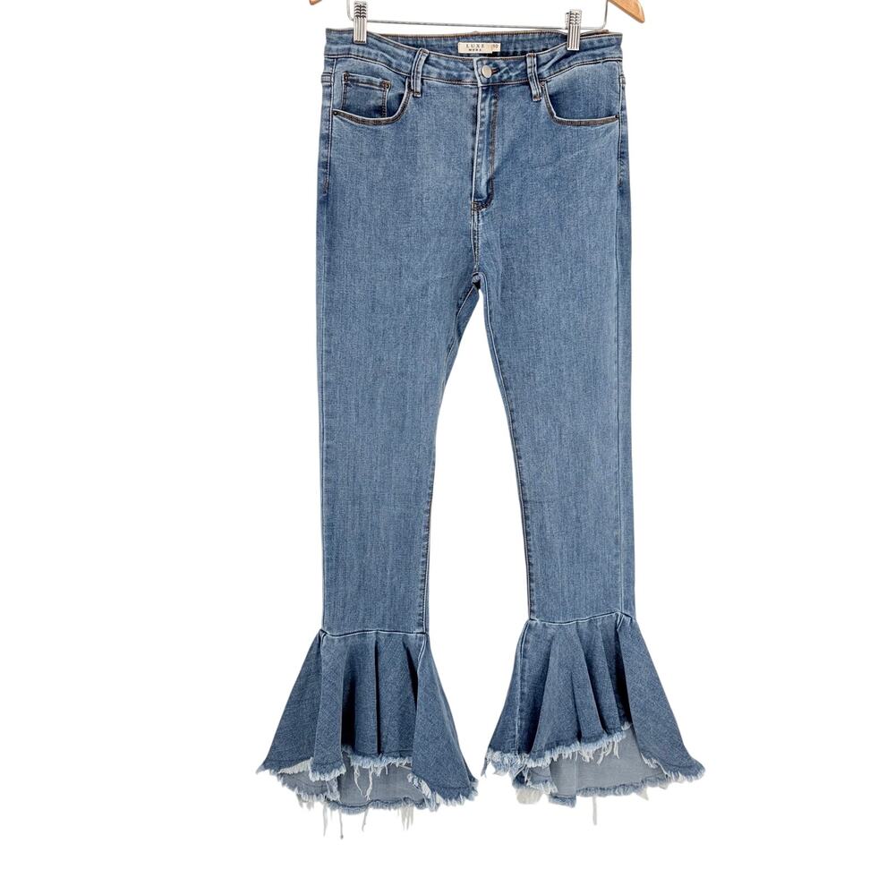 Luxe Moda Y2K Festival Flare Womens Jeans Sz 10/12 Ruffle Hem Bell Bottom Disco - Picture 2 of 11